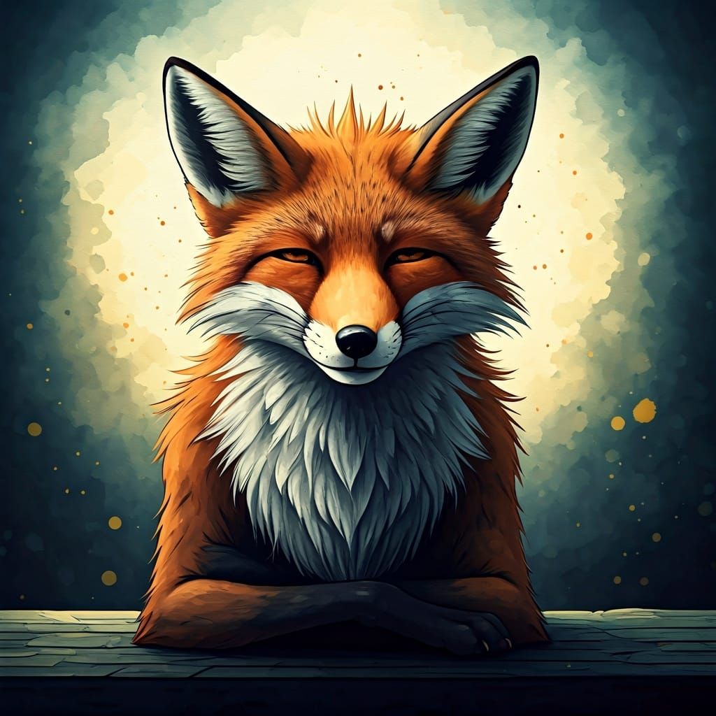 Serene Fox Lounging in Watercolor and Ink Splatter