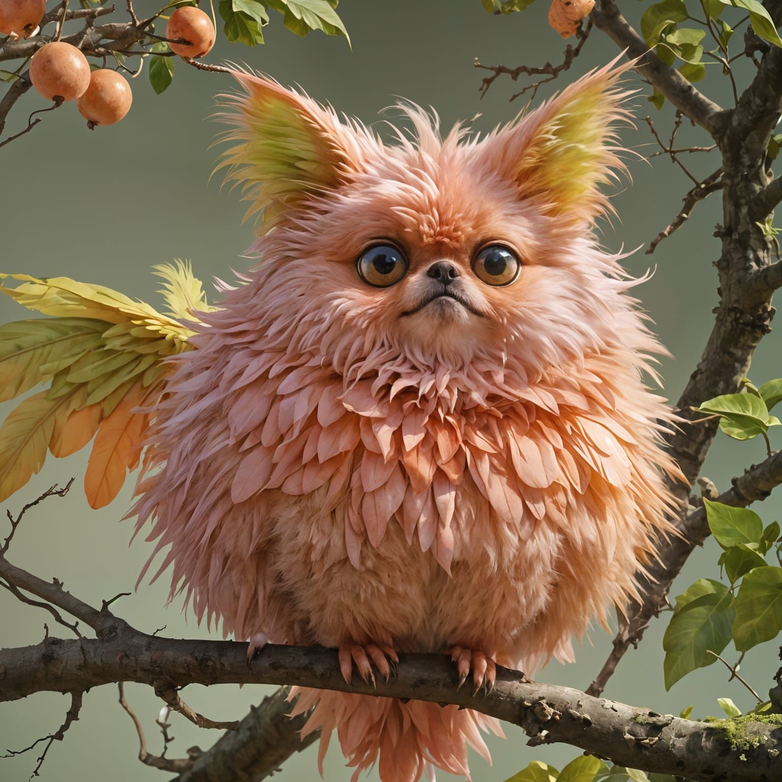 Cute Pink-Orange Dog Creature with Lime Green Bird Wings