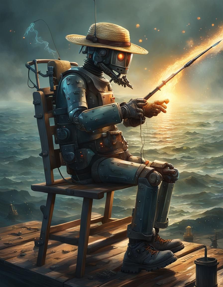 Android Robot Fishing: Hyperrealistic Digital Art
