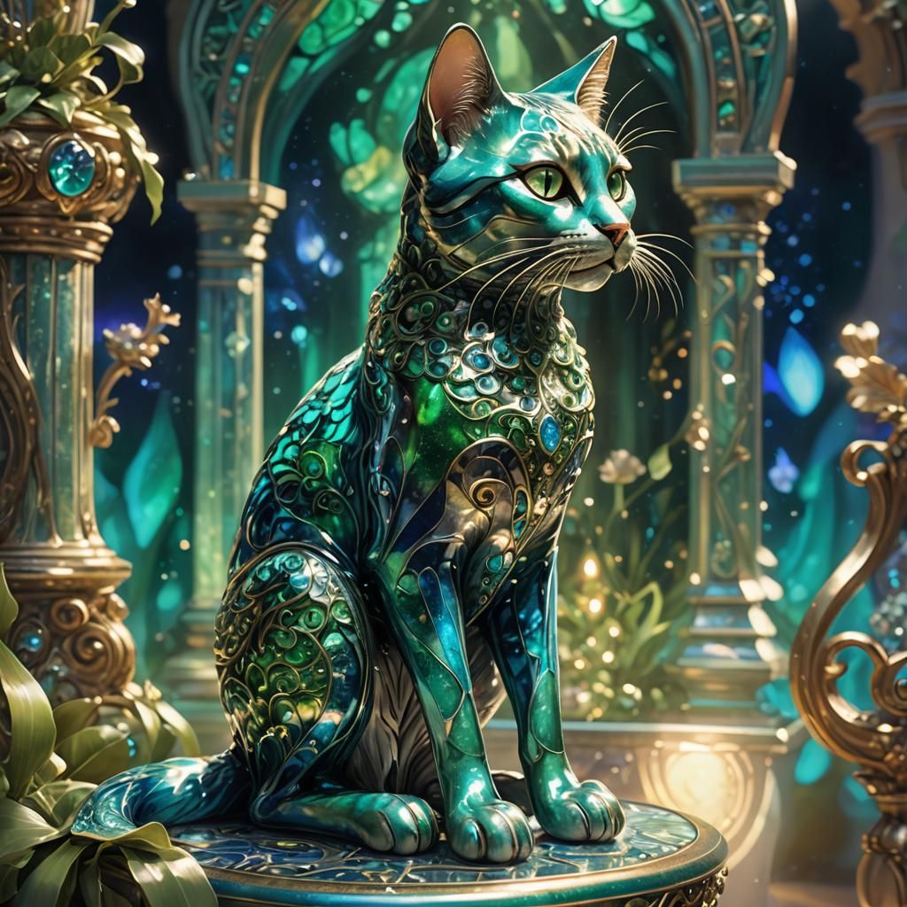 Enameled Glass Cat in Mystical Dreamlike Realm