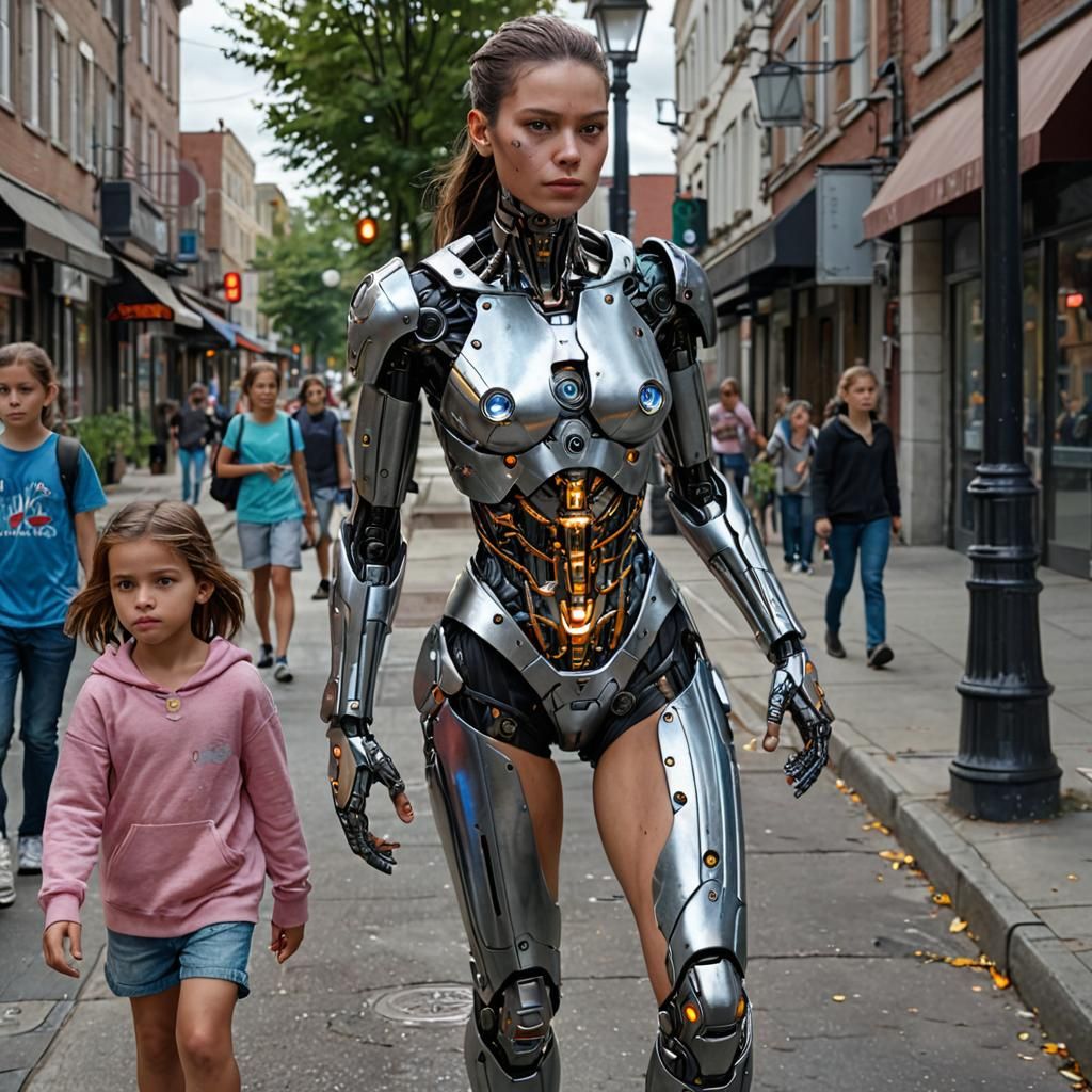 Hyperrealistic Cyborg Stroll in Sci-Fi City