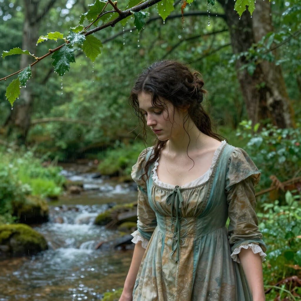 Regency Woman in Lush Forest, Pre-Raphaelite Style