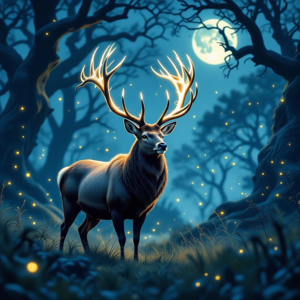 Majestic Stag in Moonlit Forest Clearing