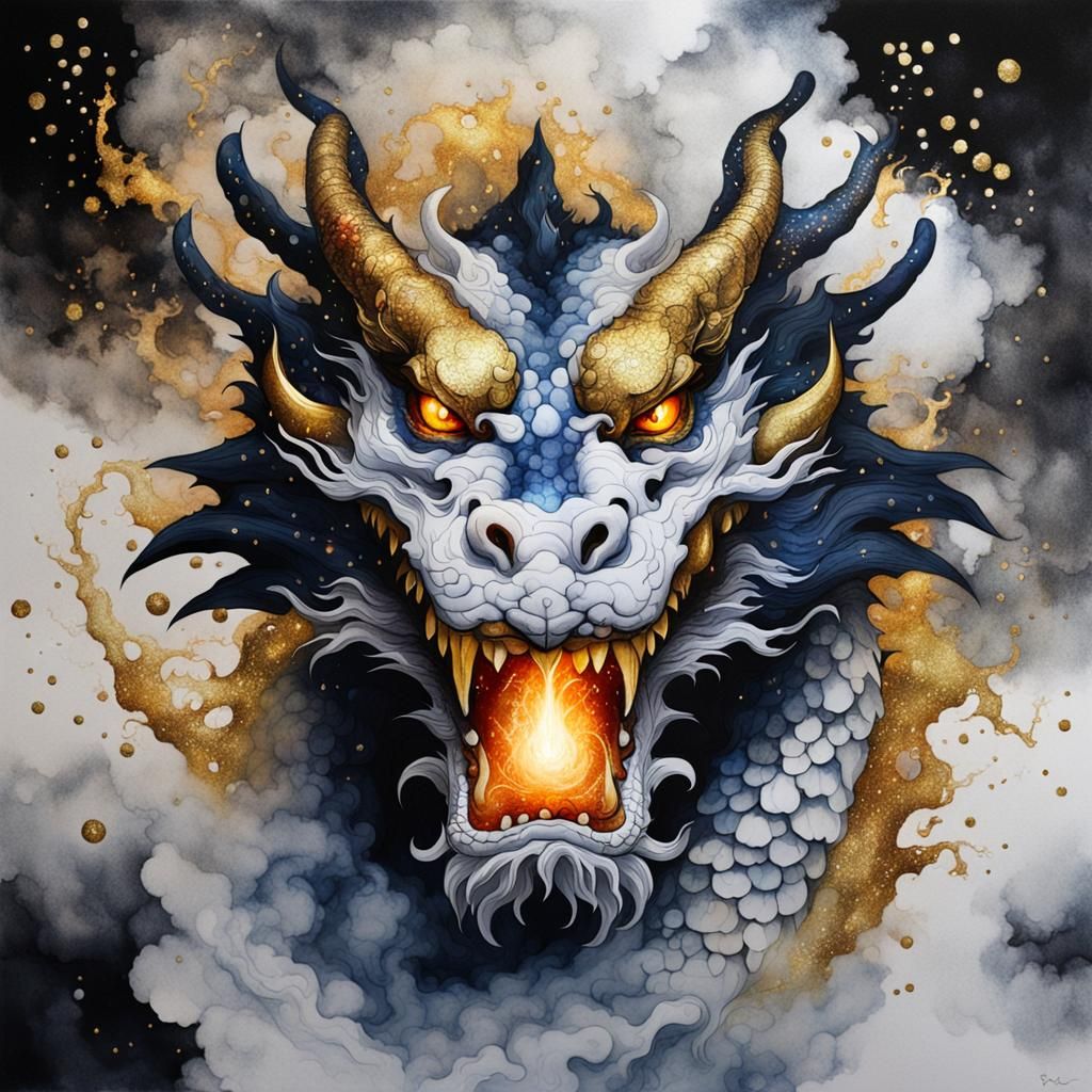 Smokey Japanese Dragon in Dark Universe, Ink Art