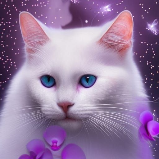 white cat with Crystal blue eyes& ethereal vibes& magical vibes& purple orchids& purple crystals& shimmery glittery pink...