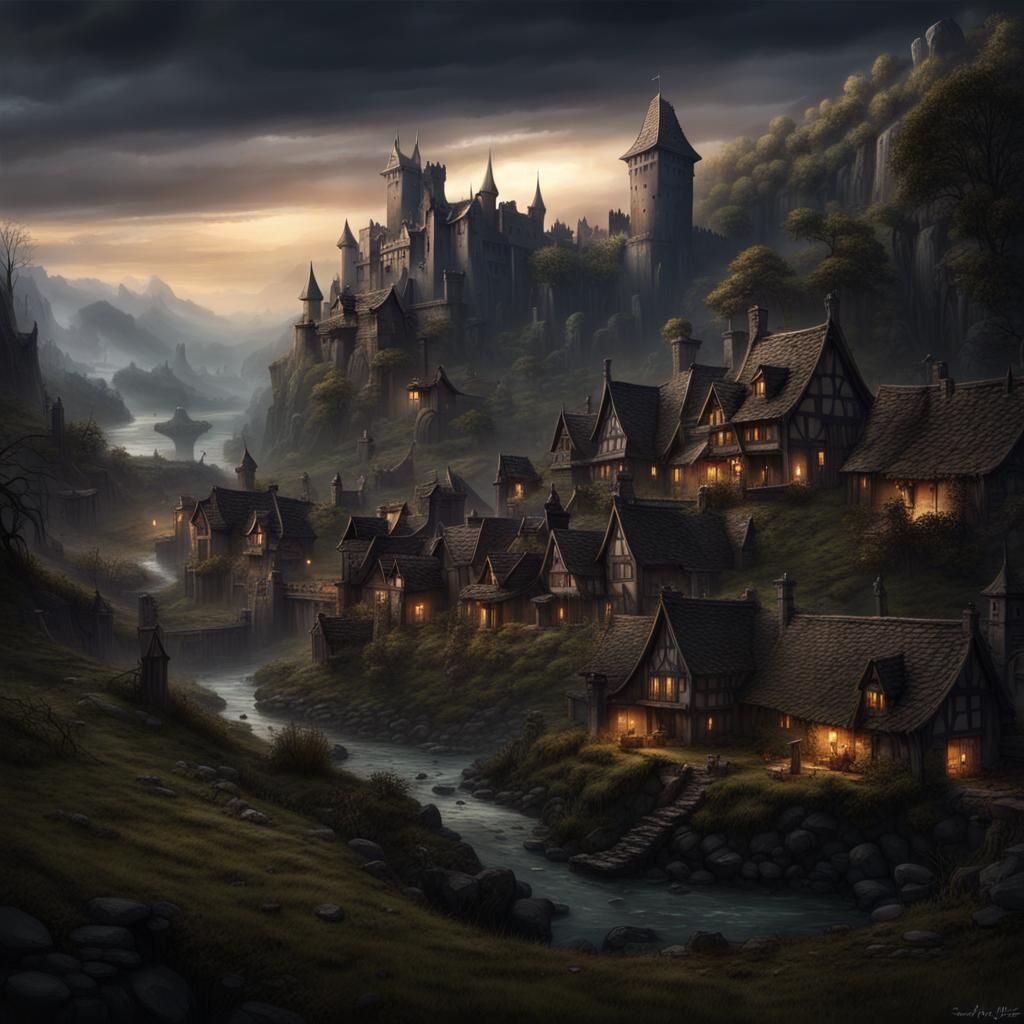 Dark Fantasy Hamlet with Haunted Castle