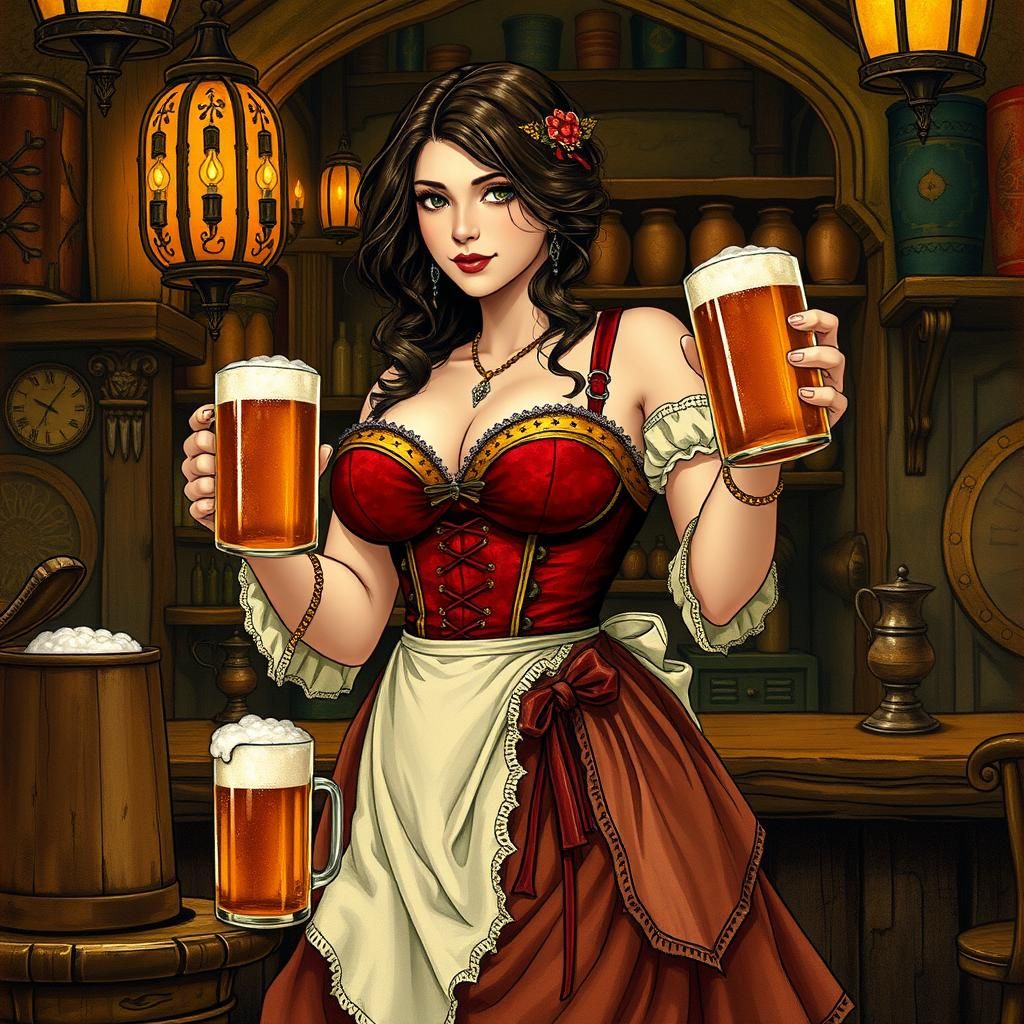 Medieval Barmaid Serving Drinks in Art Nouveau Style