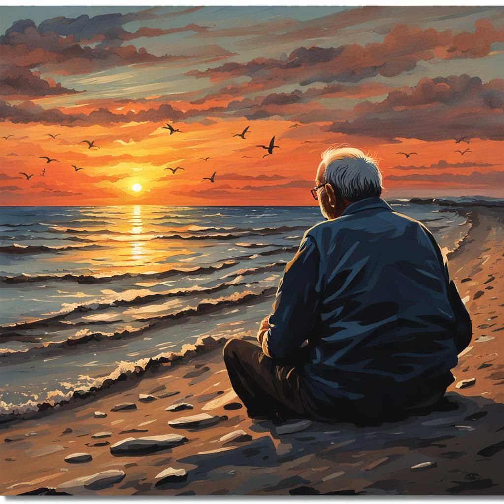 Old Man Watches Beach Sunset