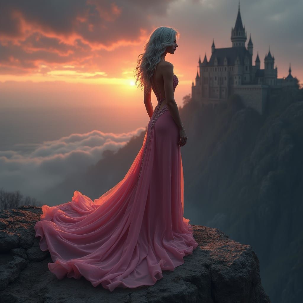 Ethereal Beauty on a Stormy Cliffside in Gothic Style