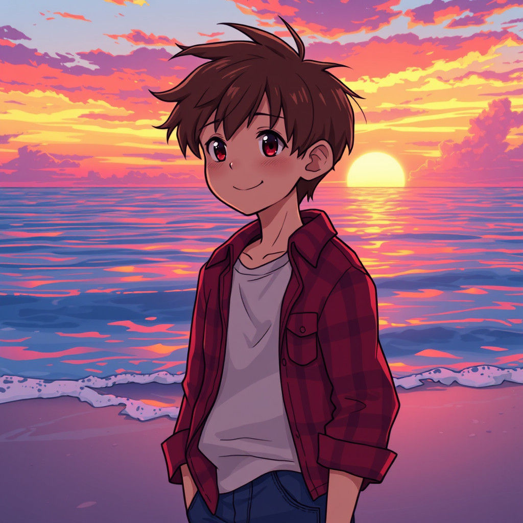 Boy Gazing at Sunset in Anime Style