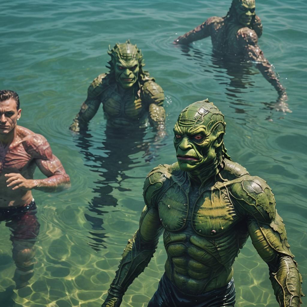 Humanoid Creature Swimming in Vibrant Sea