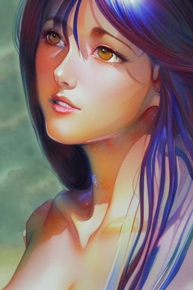 Cell-Shaded Watercolor Portrait of a Beautiful Woman