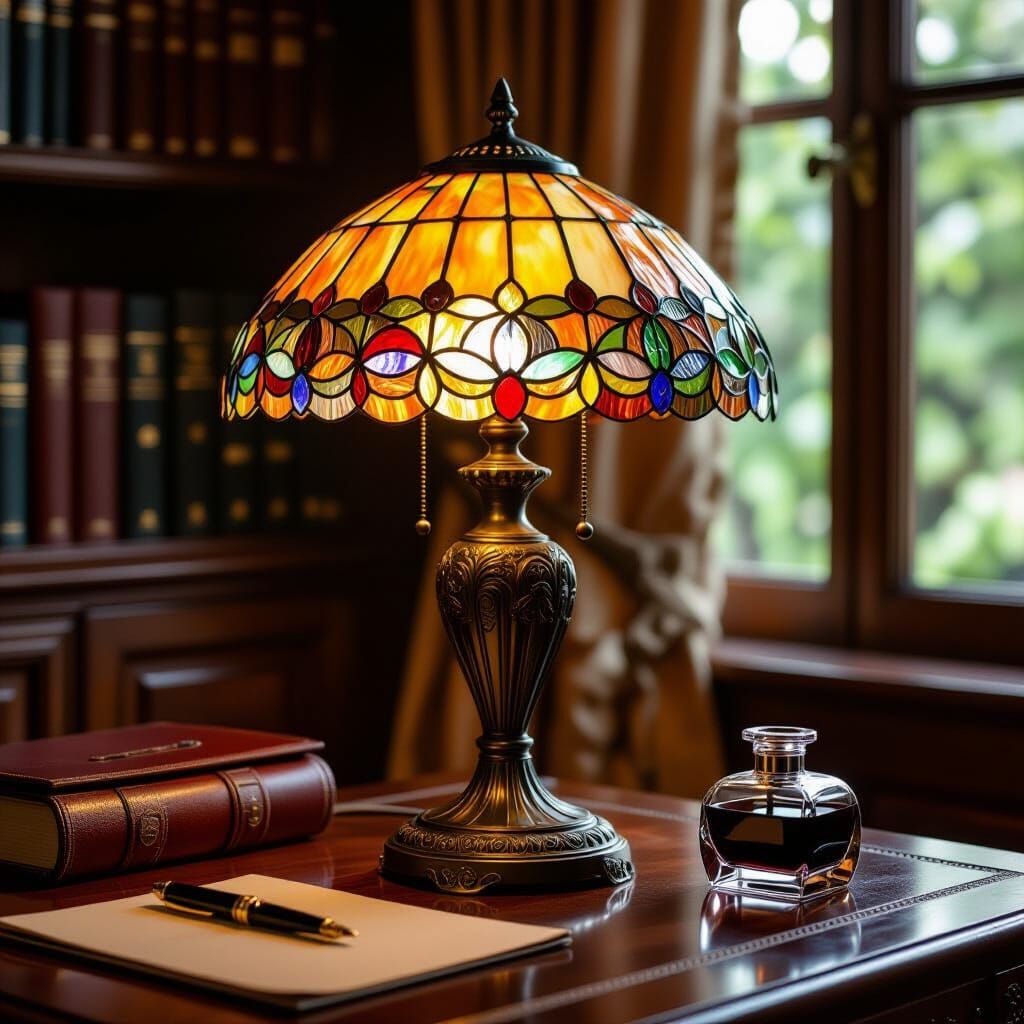 Vibrant Tiffany Style Lamp on Art Deco Bronze Base