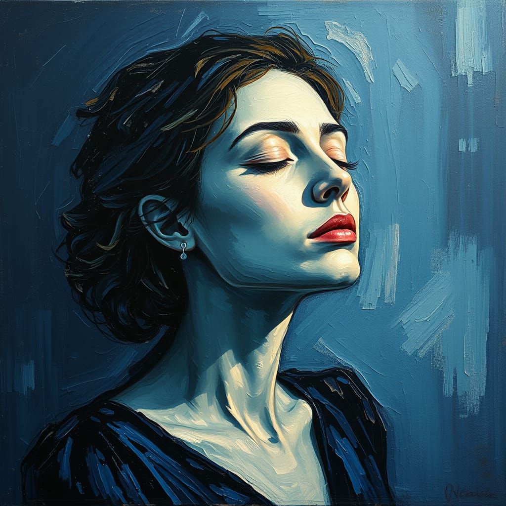 Impasto Oil Portrait of a Woman in Blue and White