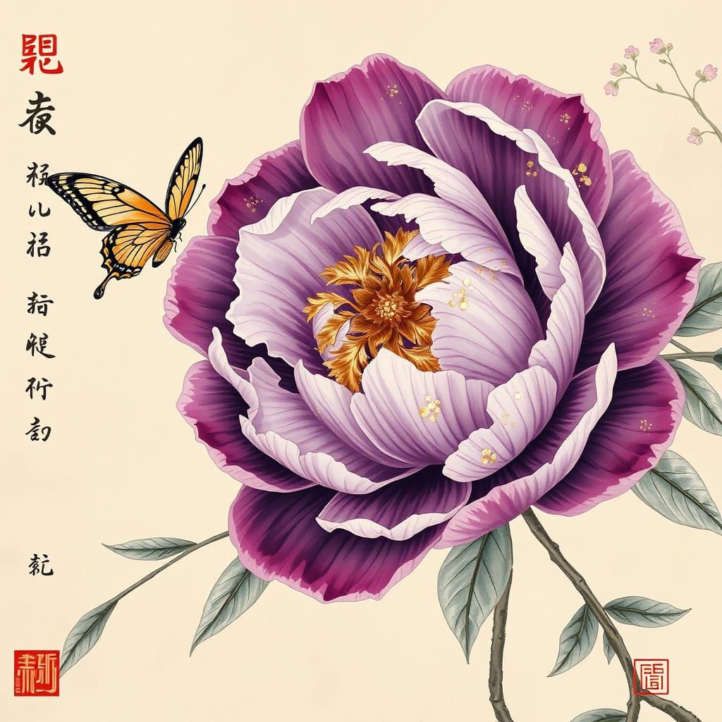 Exquisite Chinese-Style Painting of Purple Peony Flower with...