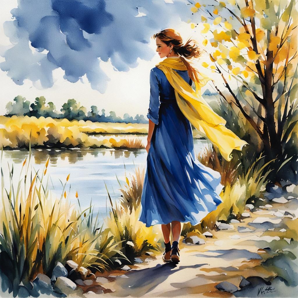 Woman by Riverbank in Watercolor Illustration