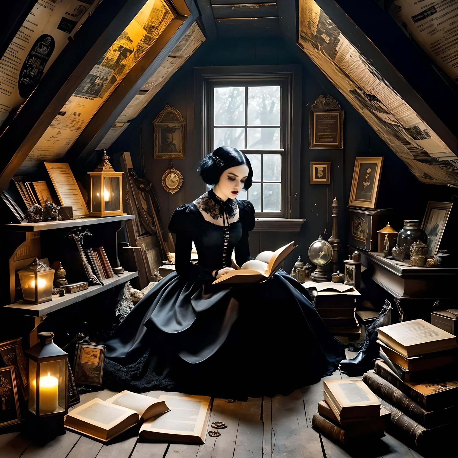 Goth Punk Girl Reading in Dark Romantic Attic