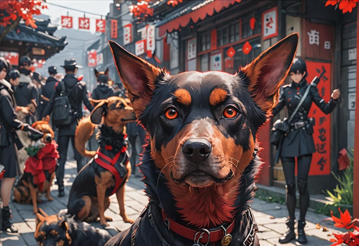 Detailed Anime-Style Dog in Black and Red