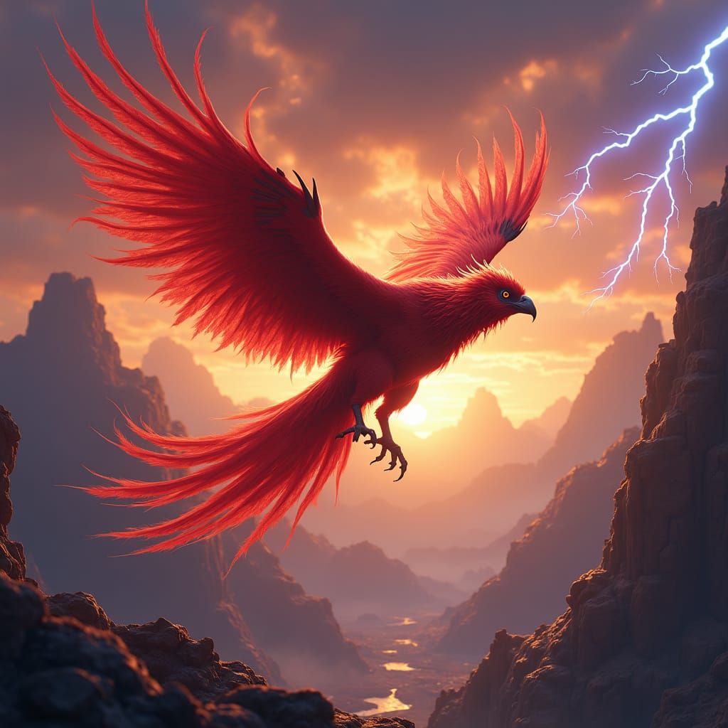 Red Phoenix Struck by Lightning in Fantasy Landscape