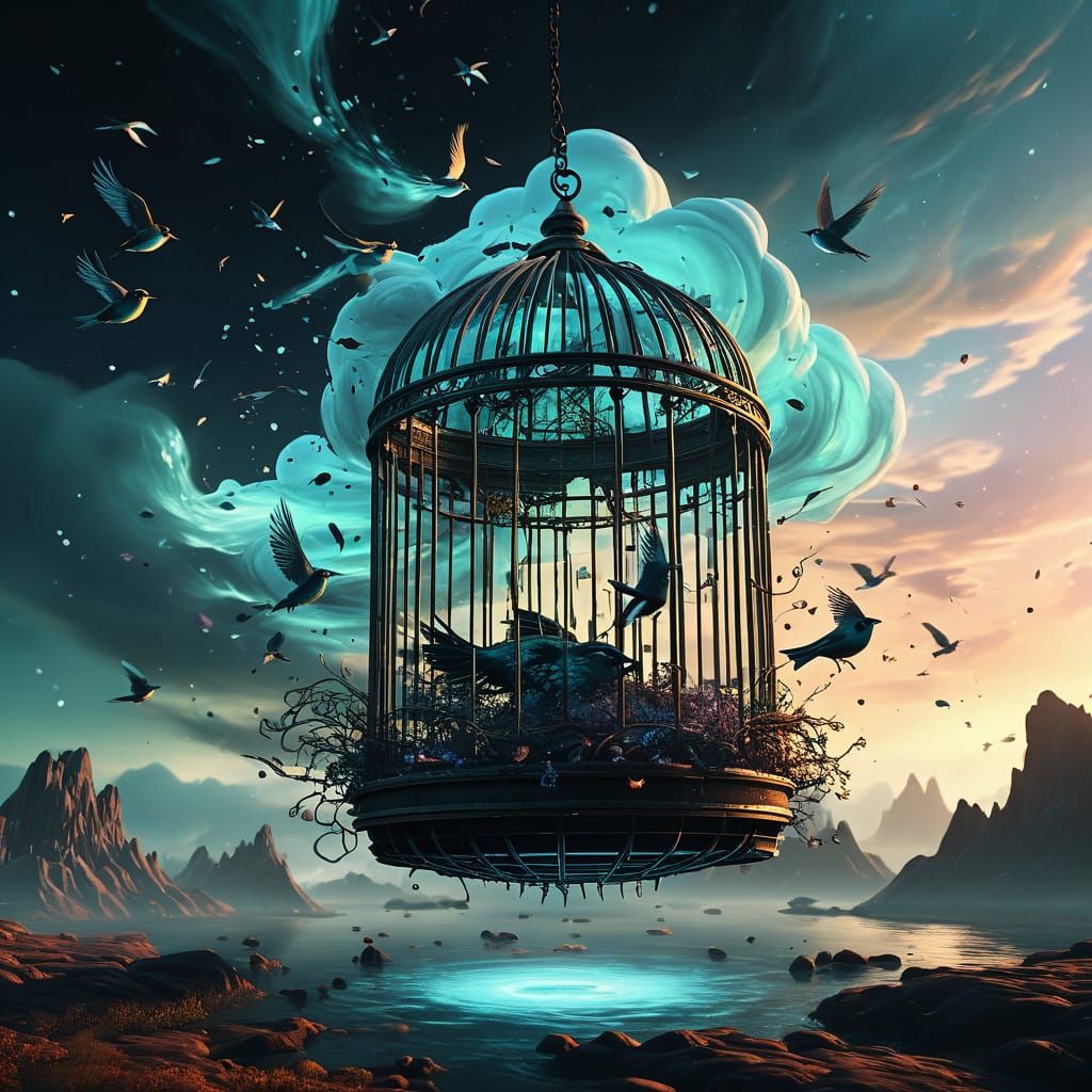 Surreal Floating Cage With Escaping Birds