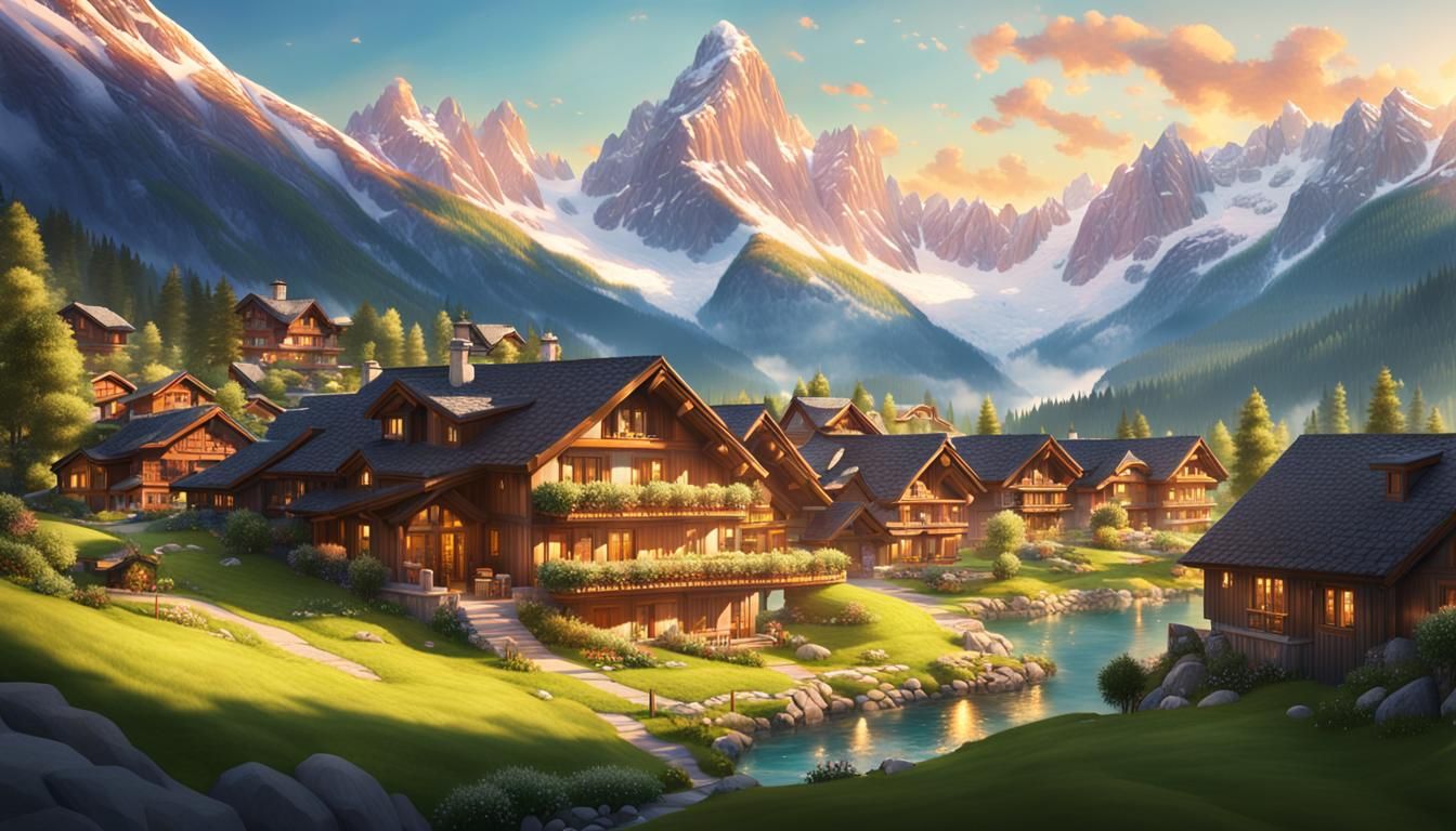 Alpine Village in Lush Valley: Hyperrealistic Concept Art