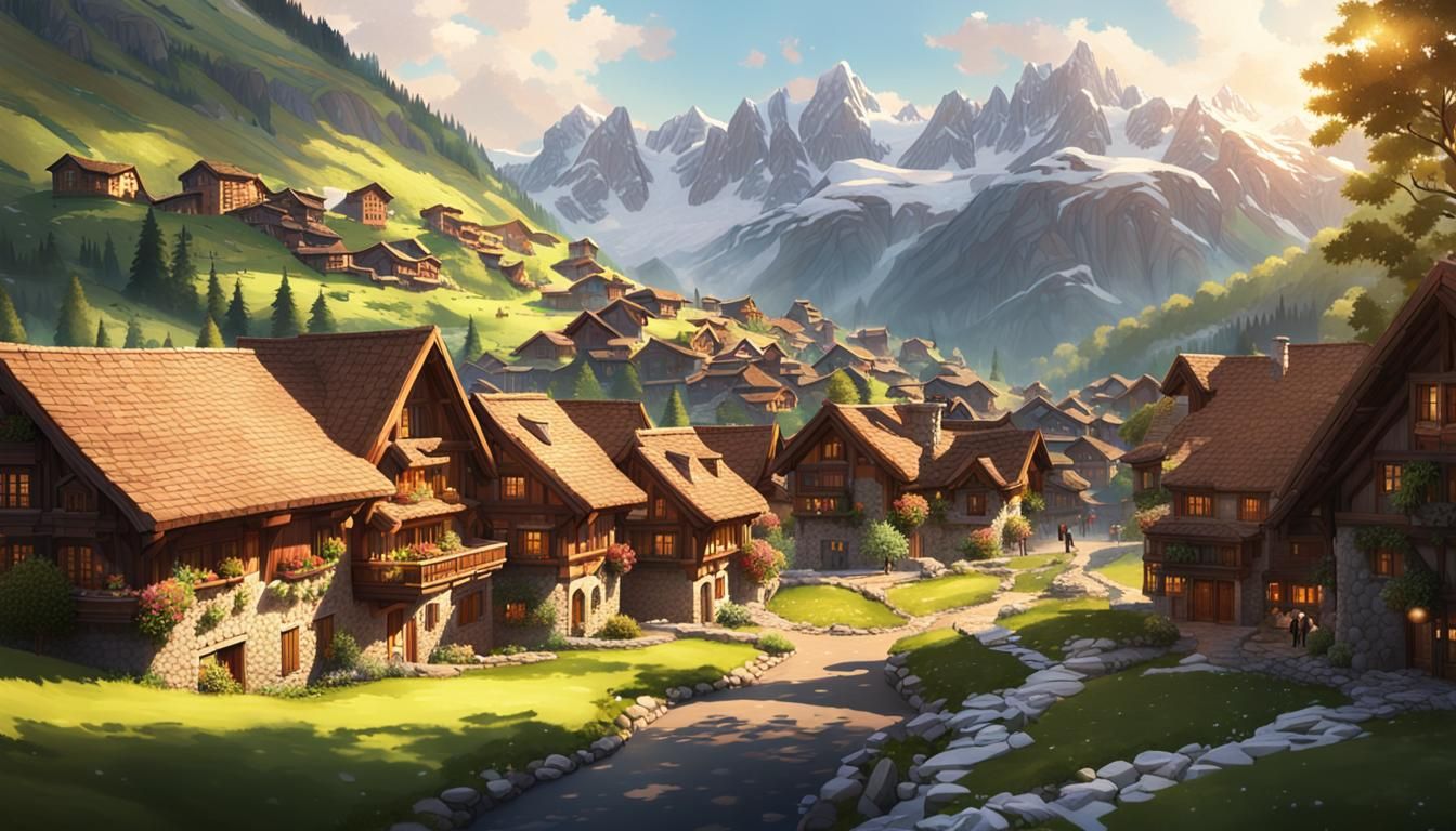 Alpine Village Surrounded by Snow-Capped Peaks