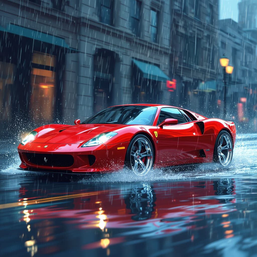 Red Sports Car in Flooded Street, Futuristic Style