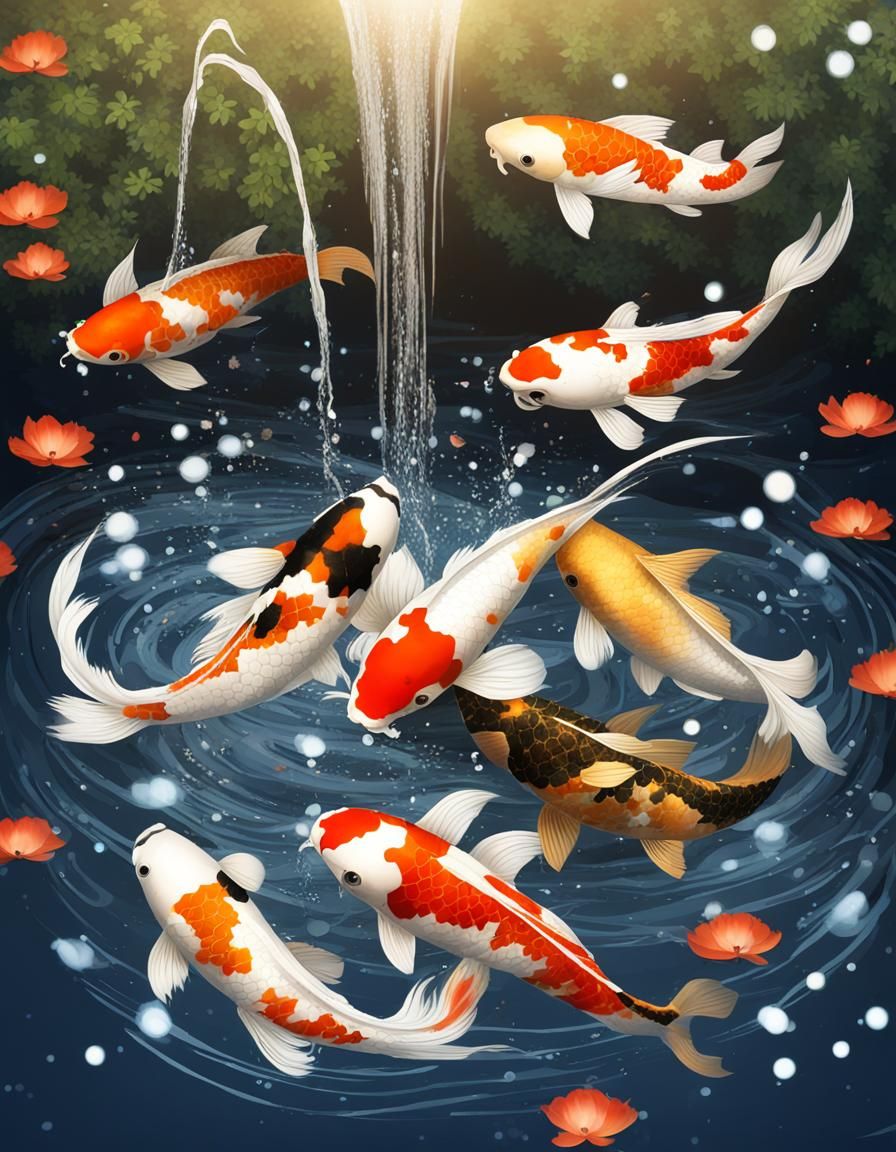 Koi swimming in a sparkling fountain 2