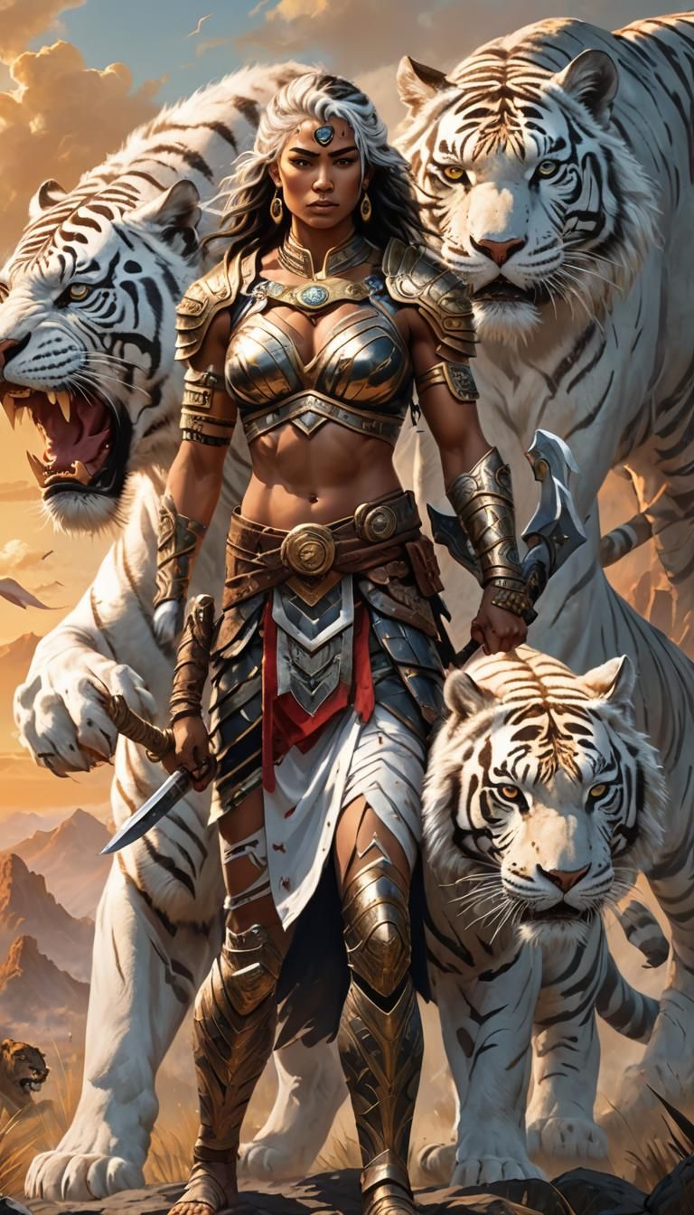Warrior Woman and White Tiger in Vibrant Digital Art