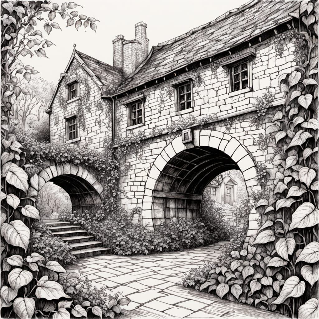 Art Nouveau Ink Sketch: Stone Wall, Ivy, Watermill