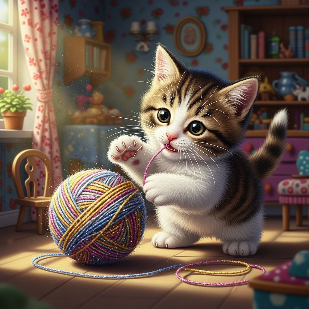 Playful Kitten Batting at Sparkling Yarn Ball