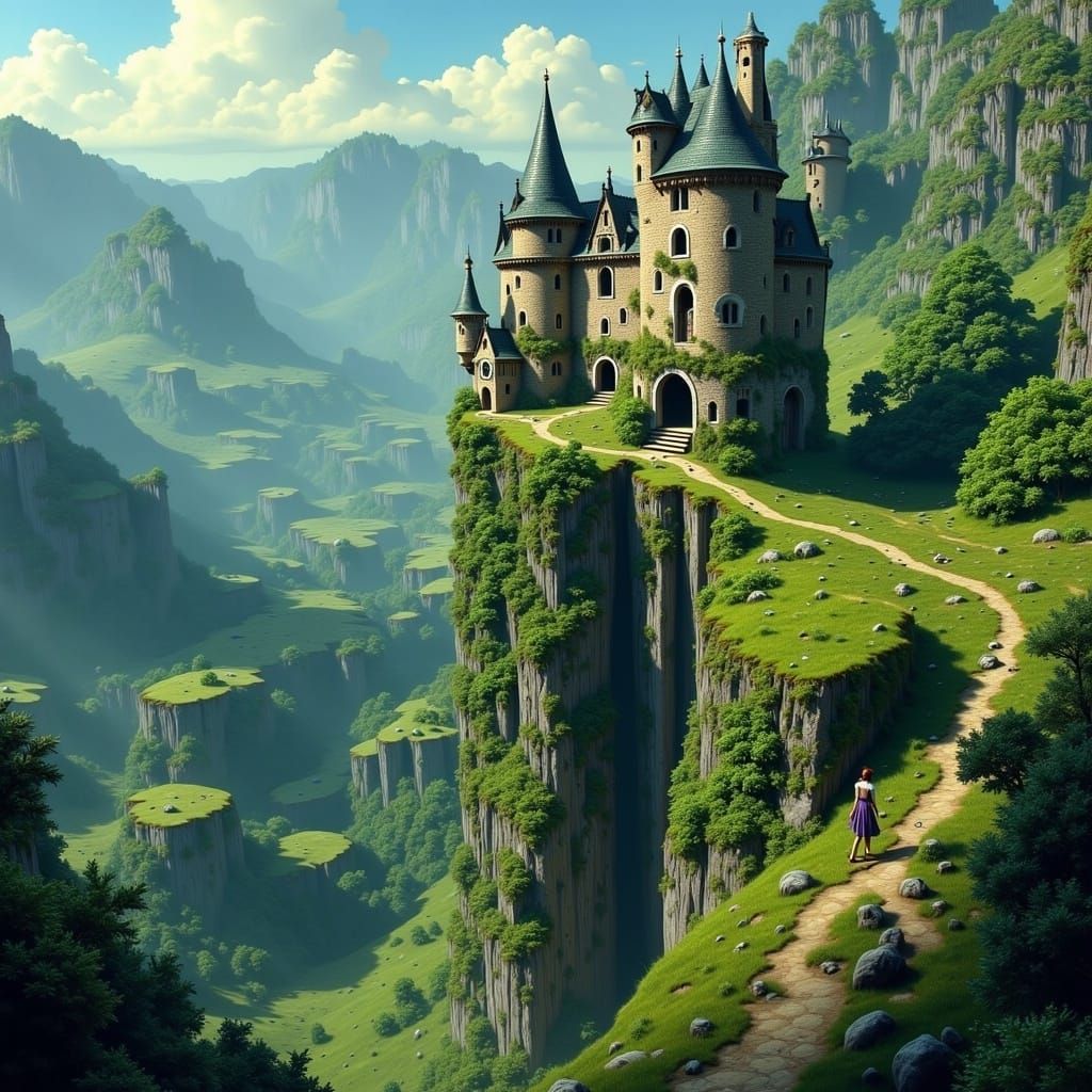 Fantastical Castle Sways Across Valley in Whimsical Landscap...