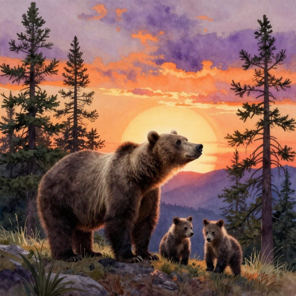 Grizzly Bears in Rocky Mountains at Sunset