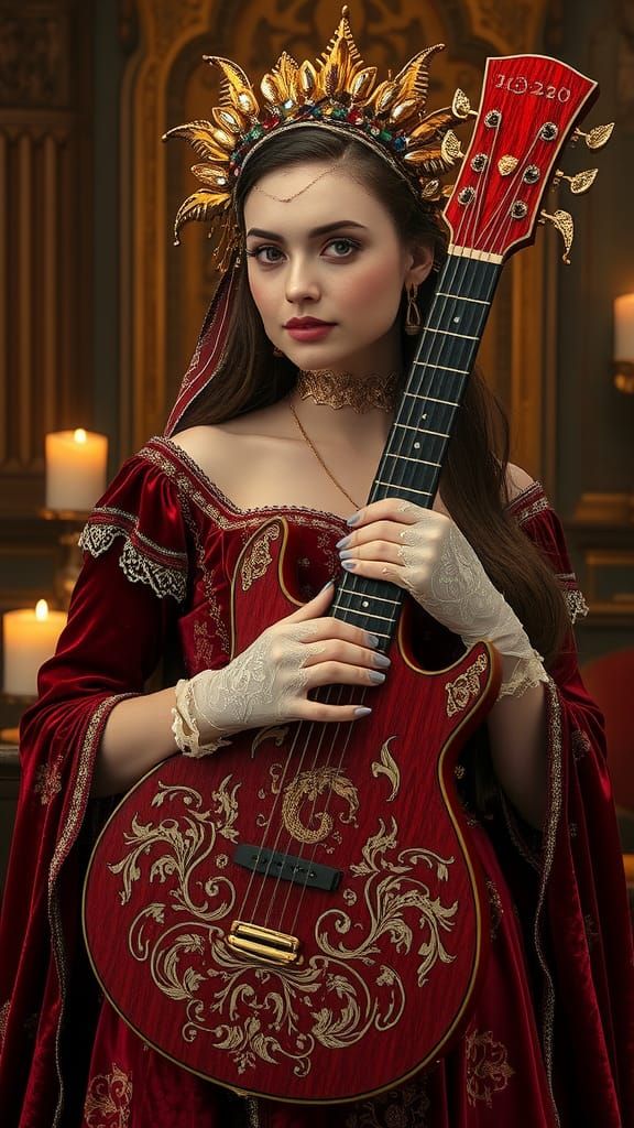 Lady Musician Plays Dragon Guitar in Renaissance Style