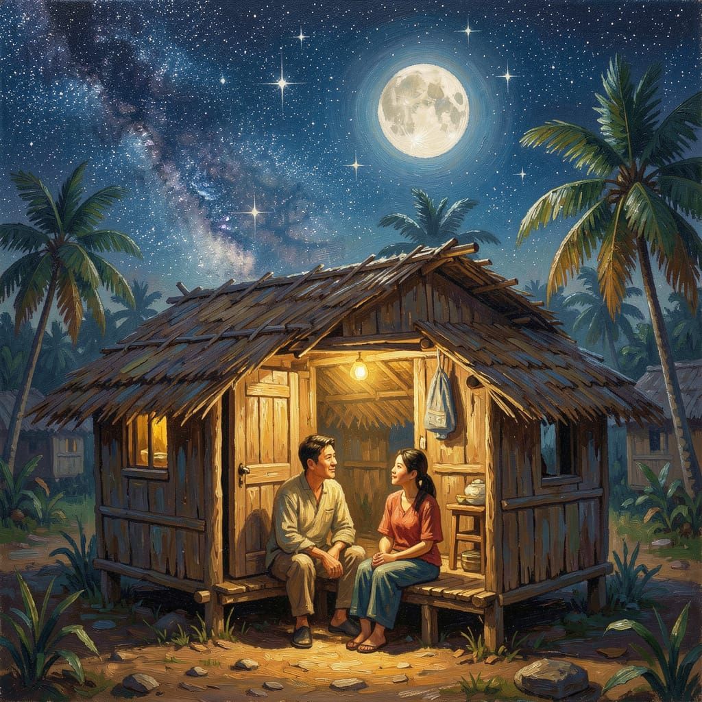 Couple Gazing at Starry Night Sky in Oil Painting Style