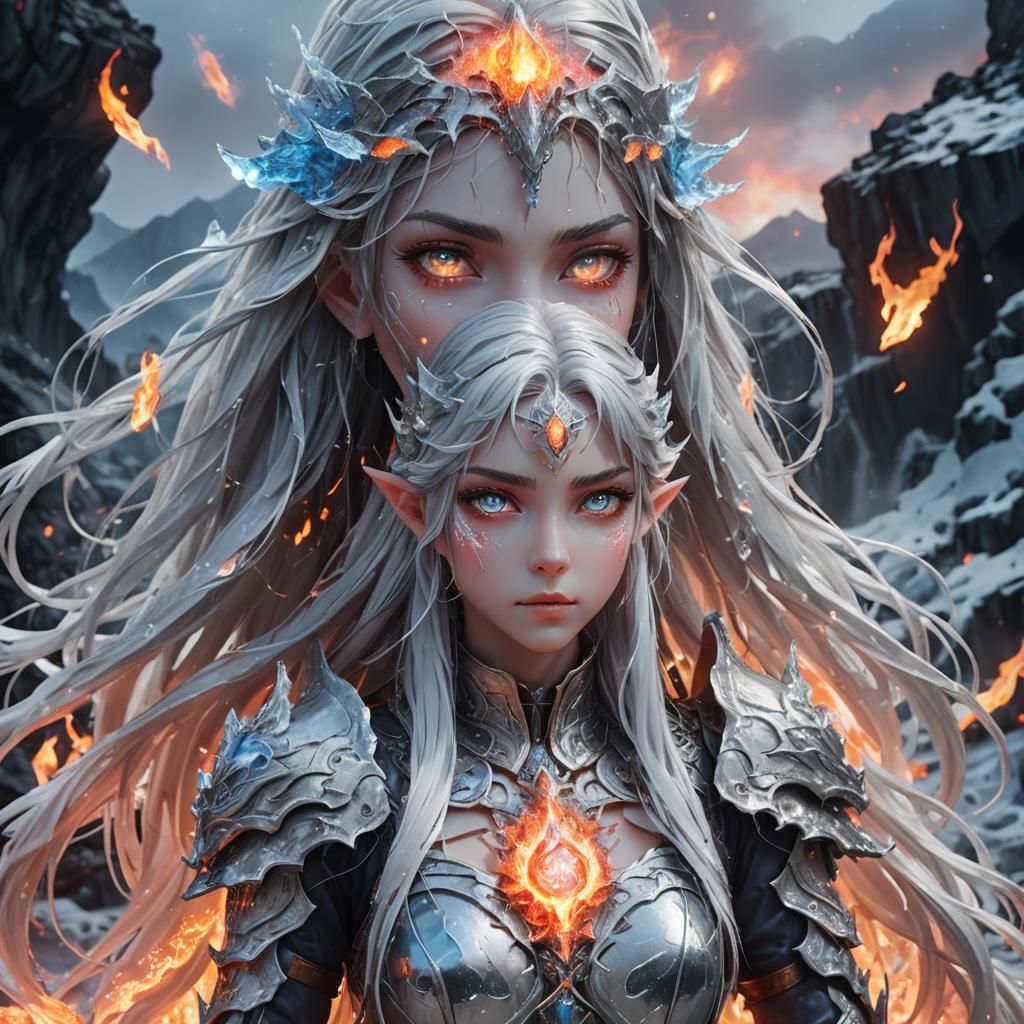 Ghost Elf Amidst Fire and Ice: Anime Fantasy Portrait