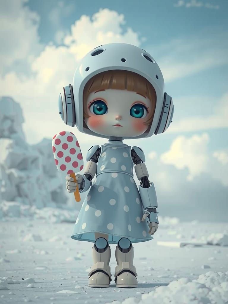 Pastel Robot Girl with Popsicle, Watercolor Style