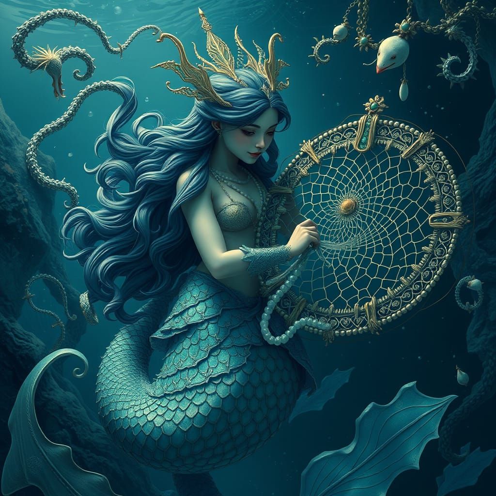 Majestic Mermaid Weaving Pearls: Detailed Matte Painting