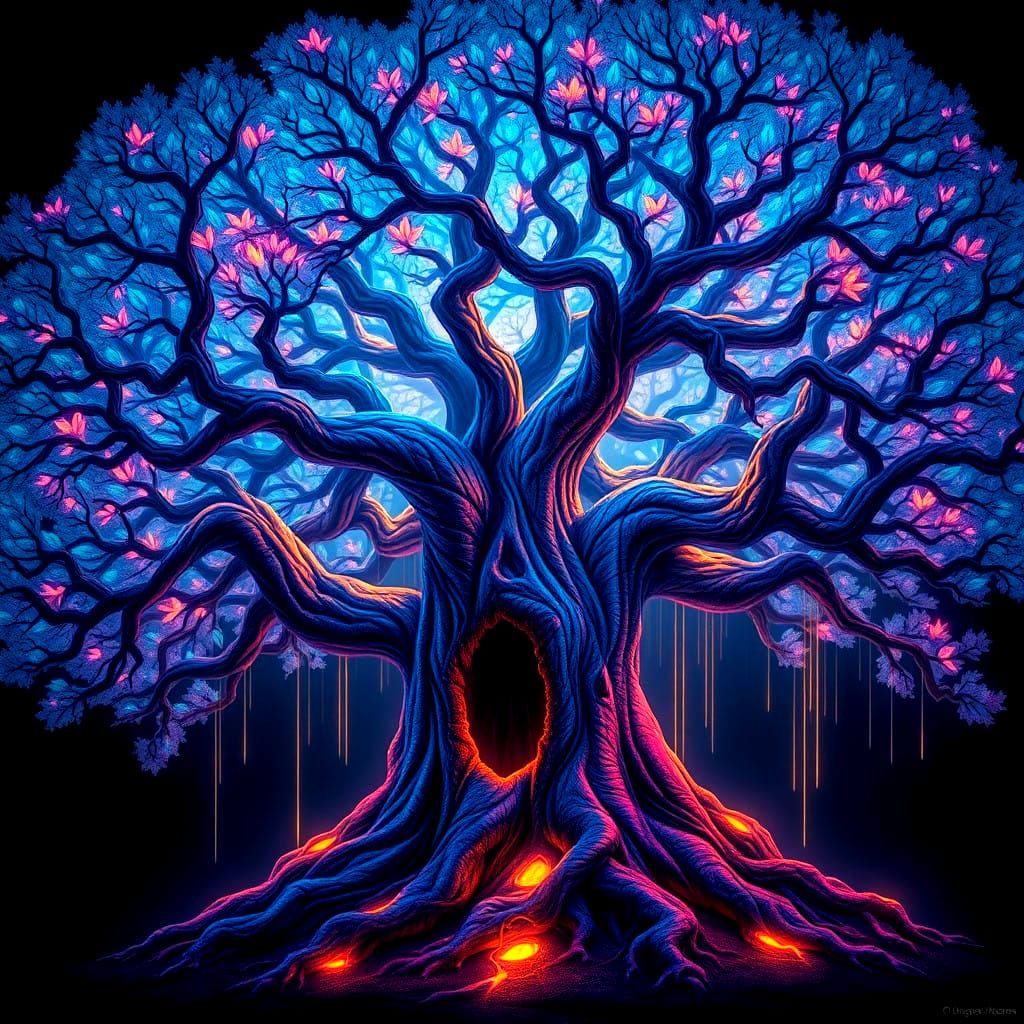 Ancient, Glowing Oak Tree with Interwoven Branches and Radia...