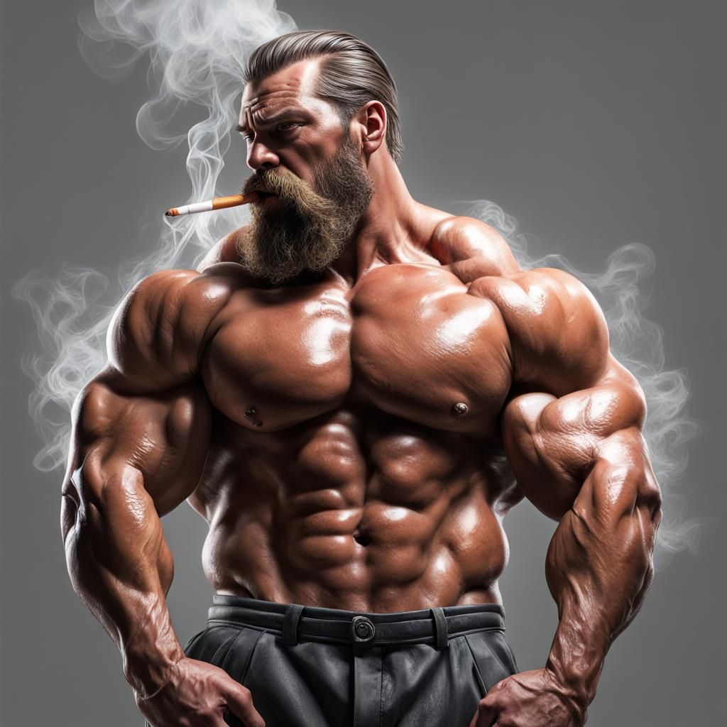 Hyperrealistic Bodybuilder Smoking Cigarette