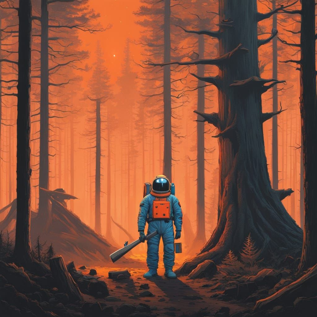 Caffeine Spaceman Chopping Wood in Eerie Forest