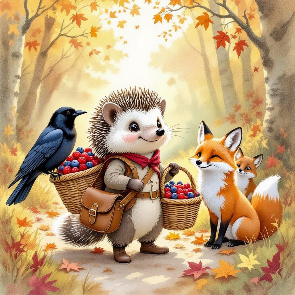 Hedgehog's Berry Burden: A Storybook Watercolor Illustration