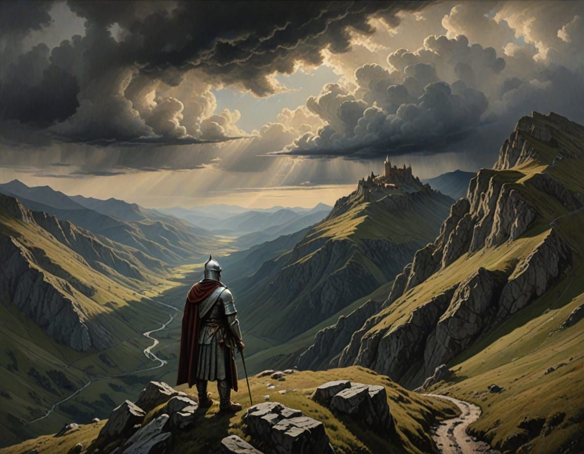 Lone Templar Knight in Pyrenees: Hyperrealistic Oil Painting