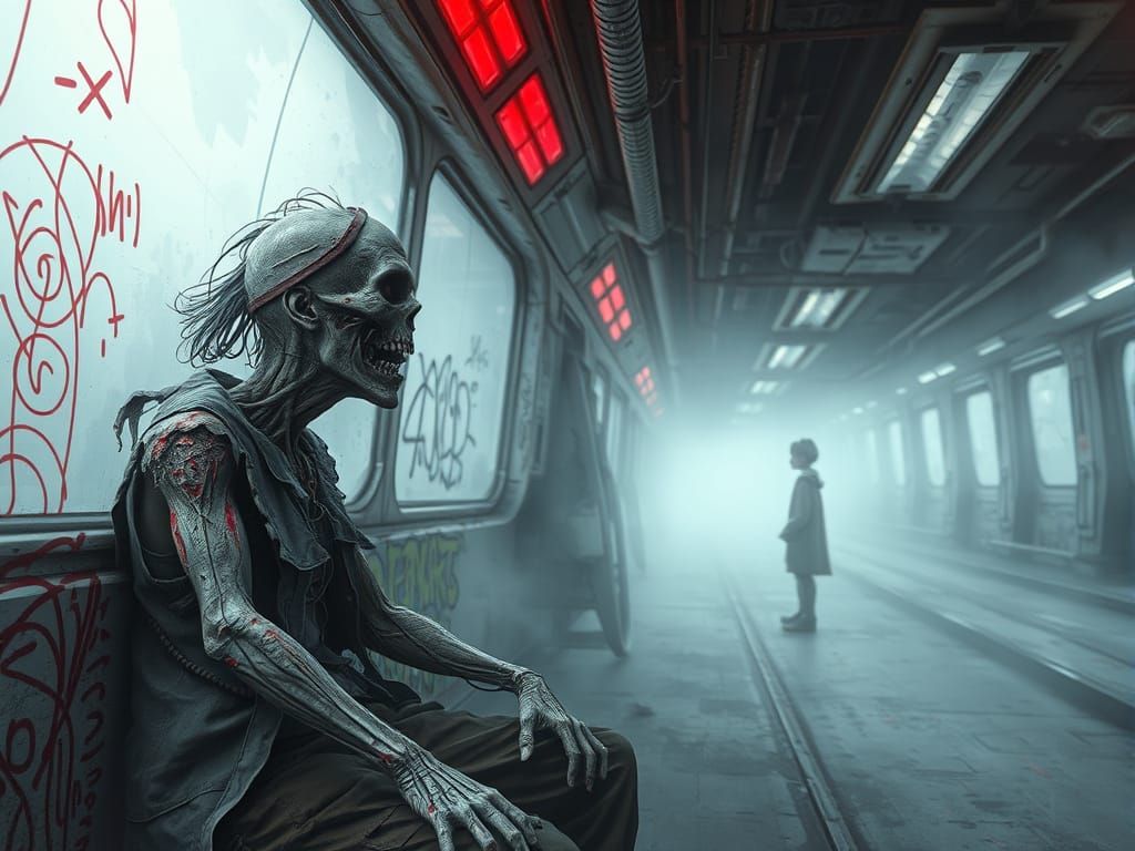 Cyberpunk Zombie Emerges from Post-Apocalyptic Subway Fog