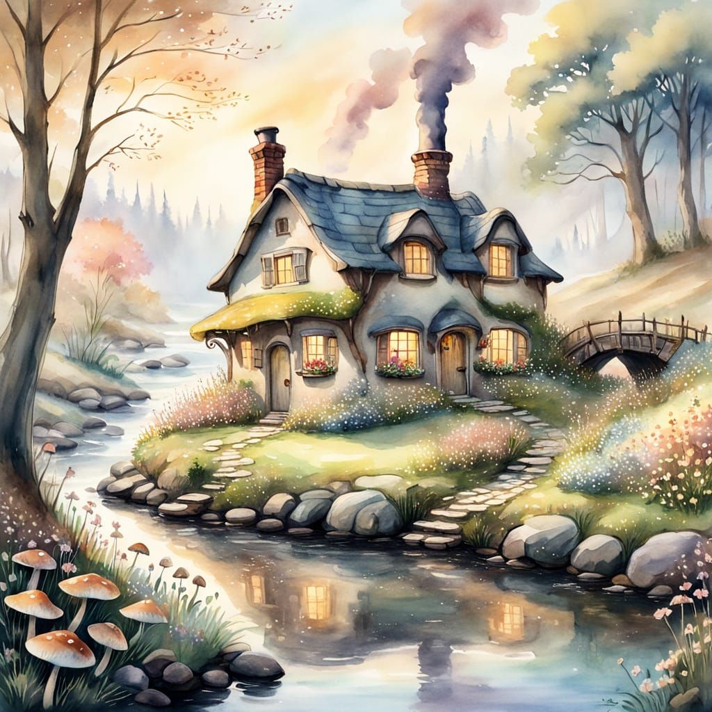 A quaint, moss-covered mushroom house nestled beside a gentl...