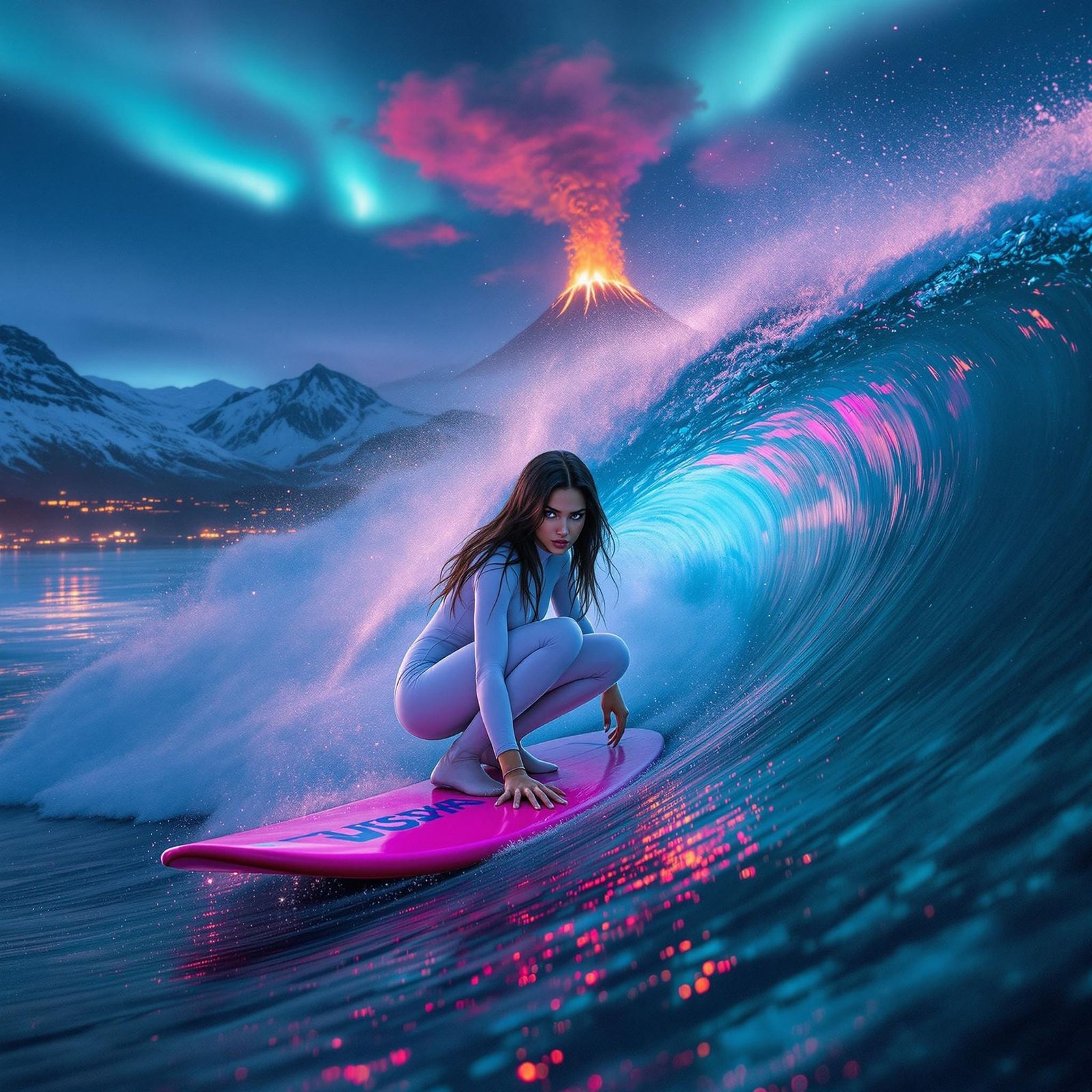 Digital Art of Slavik Surfer Woman in Iceland Landscape