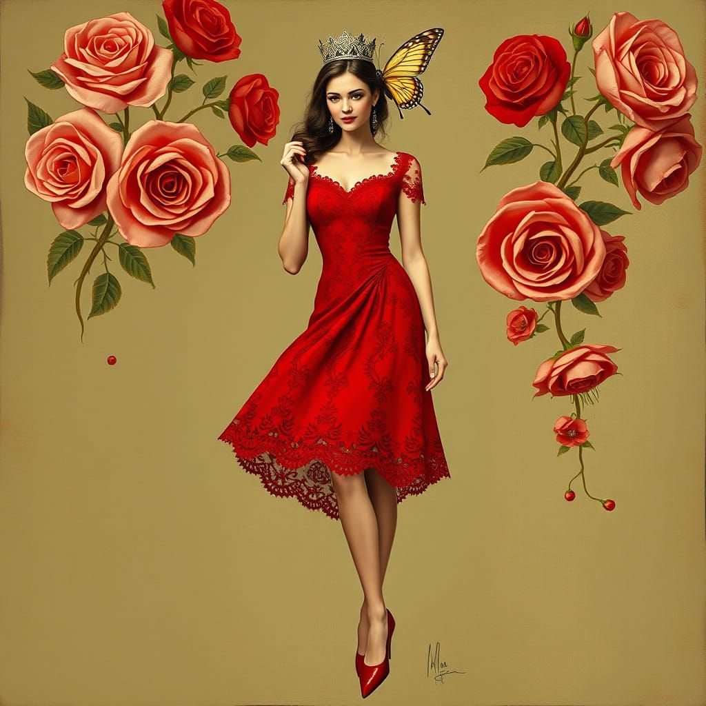 Elegant Queen of Whimsy in Luxe Red Dress and Heels