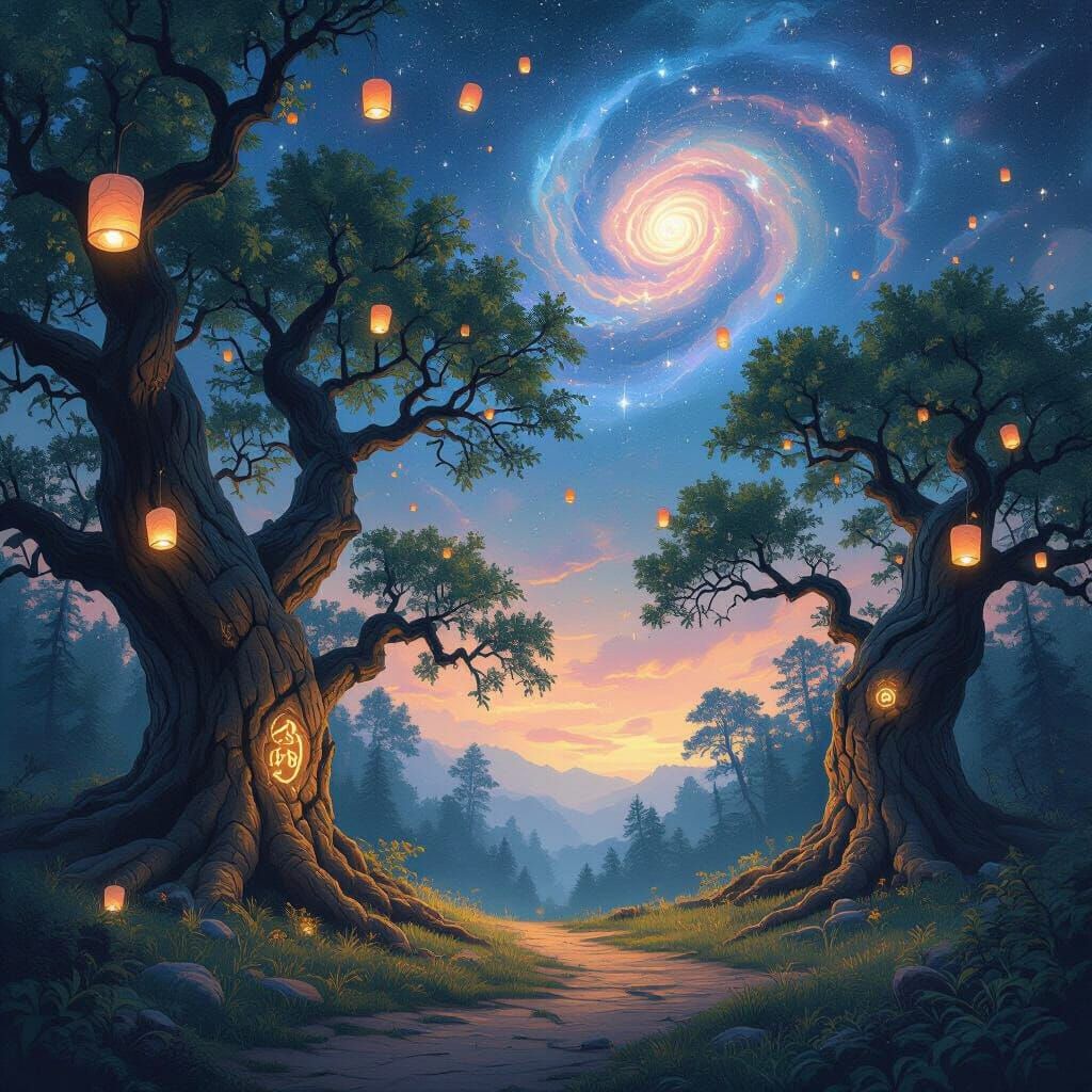 Ethereal Forest Clearing with Glowing Runes, Ink Painting