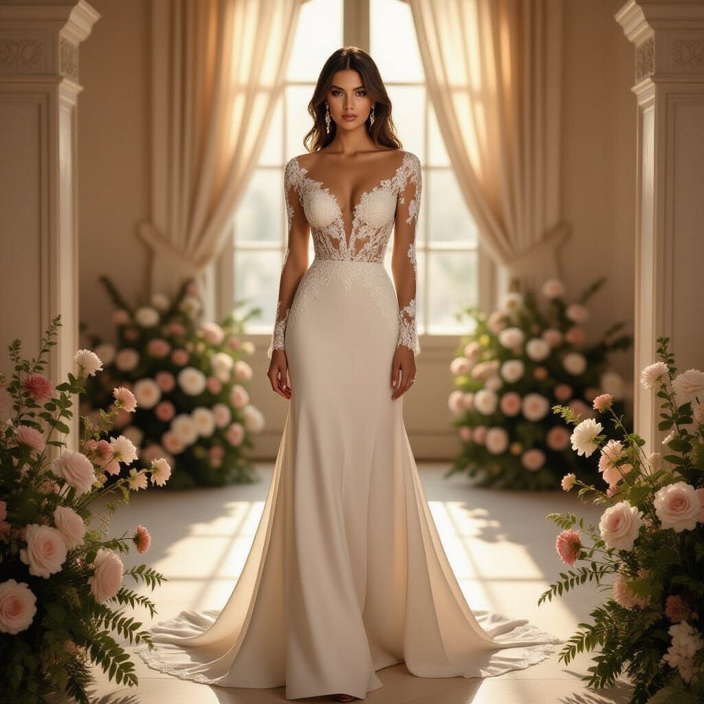 Elegant Gown With Lace Sleeves and Semi-Transparent Neckline