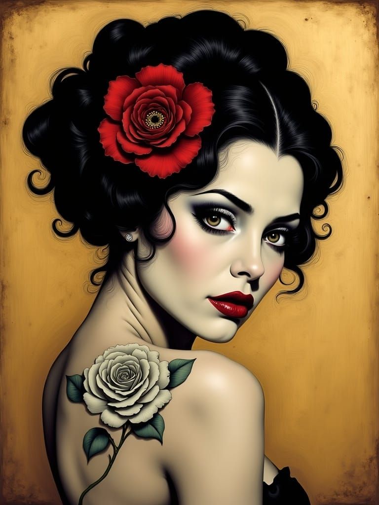 Elegant Woman in Dark Whimsy Style with Old Hollywood Glamou...